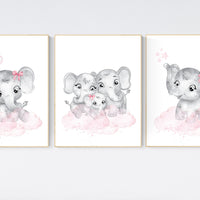 Nursery wall art girl elephant, Nursery decor girl pink and gray, girl nursery ideas, pink grey nursery wall decor, nursery prints girl