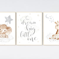 Nursery wall art animals, baby room decor gray, baby room decor, elephant, giraffe, animal nursery decor, nursery prints, grey nursery