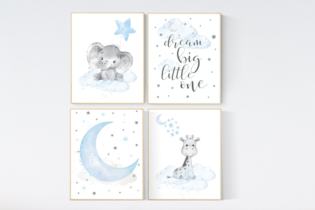 Nursery decor boy elephant, blue nursery art, giraffe print nursery, elephant decor for nursery, dream big little one, Boy nursery decor