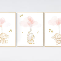Nursery wall art girl, Blush pink nursery decor, blush gold nursery, nursery decor elephant, peach nursery, blush nursery, animal balloon