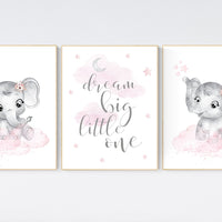 Nursery decor girl, Elephant nursery, nursery wall art elephant, baby room, girl nursery decor, dream big little one, pink grey elephants