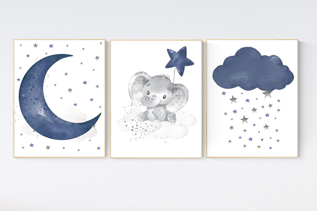 Navy nursery decor, moon and stars, navy blue nursery art. baby room wall art, boy nursery decor, set of 3, nursery prints boy, elephant art