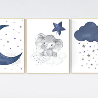 Navy nursery decor, moon and stars, navy blue nursery art. baby room wall art, boy nursery decor, set of 3, nursery prints boy, elephant art