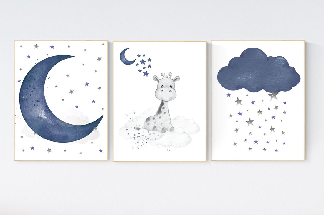 Navy nursery decor giraffe, moon and stars, navy blue nursery art. baby room wall art, boy nursery decor, set of 3, nursery prints boy