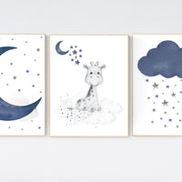 Navy nursery decor giraffe, moon and stars, navy blue nursery art. baby room wall art, boy nursery decor, set of 3, nursery prints boy