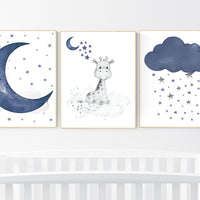 Navy nursery decor giraffe, moon and stars, navy blue nursery art. baby room wall art, boy nursery decor, set of 3, nursery prints boy