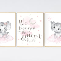 Nursery decor girl, Elephant nursery, nursery wall art elephant, baby room, girl nursery decor, pink grey elephant, girl nursery art