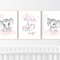 Nursery decor girl, Elephant nursery, nursery wall art elephant, baby room, girl nursery decor, dream big little one, pink grey elephants