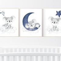 Koala Nursery Wall Art, Baby Koala Print Set, Moon and Stars Decor, Navy Blue Koala Prints, Cloud Baby Room Art, Gender Neutral Wall Art