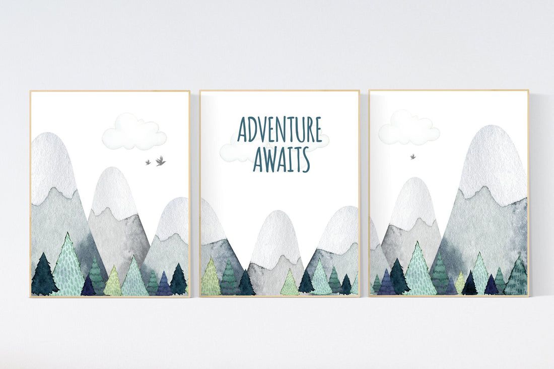 Nursery decor boy mountain, adventure nursery, adventure theme nursery, woodland, gender neutral, adventure awaits, mountains nursery forest