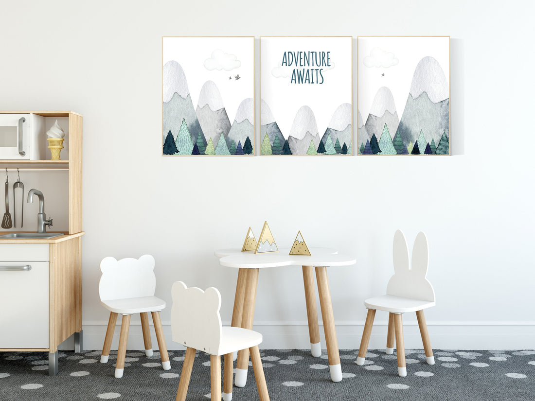 Nursery decor boy mountain, adventure nursery, adventure theme nursery, woodland, gender neutral, adventure awaits, mountains nursery forest