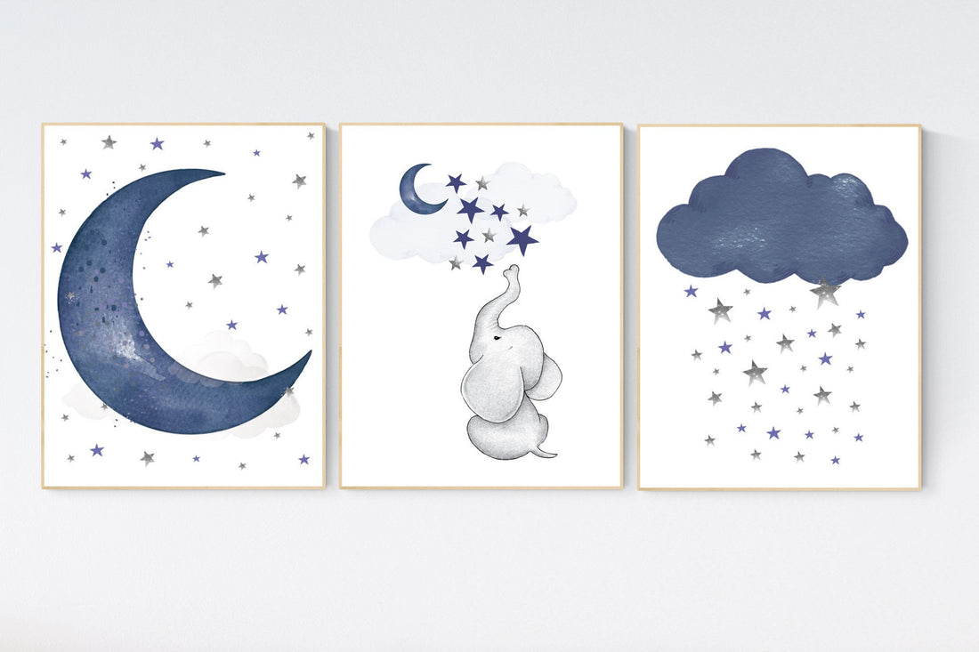 Navy nursery decor, moon and stars, navy blue nursery art. baby room wall art, boy nursery decor, set of 3, nursery prints boy, elephant art
