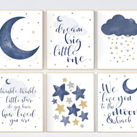 Nursery decor navy silver gold, moon and stars, navy blue, moon, cloud and stars, navy gold nursery, we love you to the moon and back