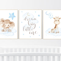 Nursery wall art animals, baby room decor blue, baby room decor, elephant, giraffe, animal nursery decor, nursery prints boy room decor