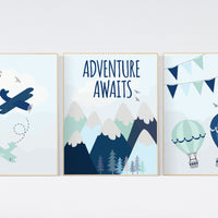 Adventure nursery decor, travel adventure nursery, nursery wall art boy, nursery prints boy mountain, airplane, world map, adventure awaits