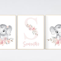 Nursery decor girl boho, elephant nursery wall art, nursery decor girl flowers, nursery decor girl floral, nursery prints, boho nursery