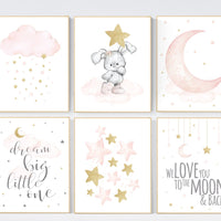 Nursery decor girl, Blush pink and gold, nursery wall art girl, bunny nursery, blush pink gold, girl nursery wall decor, cloud and moon