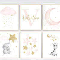 Nursery decor girl name, Blush pink and gold, nursery wall art girl, elephant, giraffe, blush pink gold, girl nursery wall decor, cloud moon