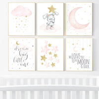 Nursery decor girl, Blush pink and gold, nursery wall art girl, bunny nursery, blush pink gold, girl nursery wall decor, cloud and moon