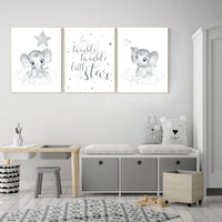 Grey nursery wall art, gender neutral, elephant nursery wall art, moon and stars, gray nursery art, baby room decor, neutral, twin nursery