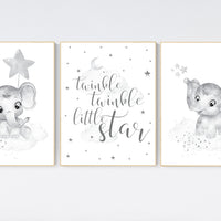 Grey nursery wall art, gender neutral, elephant nursery wall art, moon and stars, gray nursery art, baby room decor, neutral, twin nursery