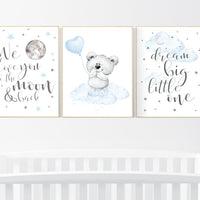 nursery wall art bear, boys nursery prints. nursery decor boy ideas, nursery art ideas, baby blue, grey, nursery wall art, sky, moon, stars