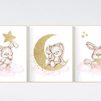 Nursery decor girl flower bunny, nursery wall art bunny, pink gold nursery decor, bunny print nursery girl, rabbit nursery, rabbit print