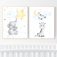 Elephant nursery art, giraffe nursery, blue yellow nursery, neutral nursery prints, cloud nursery, star nursery decor, gender neutral