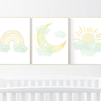 Mint and yellow nursery, moon and stars nursery, gender neutral nursery, nursery wall decor, rainbow, sun, mint yellow nursery prints