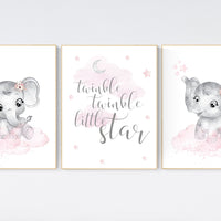 Nursery decor girl, Elephant nursery, nursery wall art elephant, baby room, girl nursery decor, pink grey elephant, girl nursery art