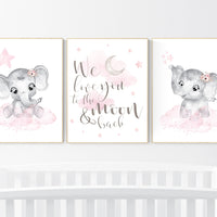 Nursery decor girl, Elephant nursery, nursery wall art elephant, baby room, girl nursery decor, pink grey elephant, girl nursery art
