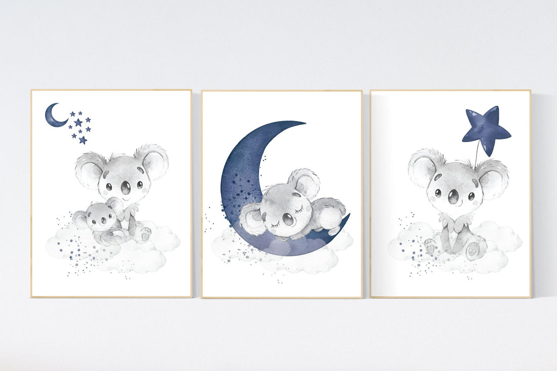 Navy nursery decor, koala nursery, moon and stars, navy blue nursery art, nursery prints animals, boy nursery decor, koala mother and baby