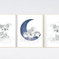 Koala Nursery Wall Art, Baby Koala Print Set, Moon and Stars Decor, Navy Blue Koala Prints, Cloud Baby Room Art, Gender Neutral Wall Art