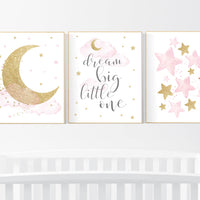 Nursery wall art girl, baby room decor girl gold and pink, moon and star, baby room decor, girl nursery wall art, star nursery, gold nursery