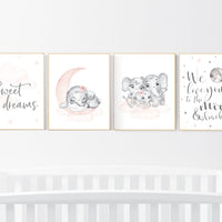 Nursery decor girl blush pink, blush grey, elephant nursery, nursery decor girl elephant, we love you to the moon and back, set of 4 prints