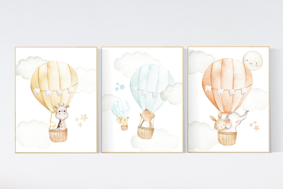 Nursery decor animals, hot air balloon, gender neutral, nursery decor, animal nursery, neutral, unisex, elephant giraffe, bear, nursery art