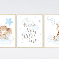 Nursery wall art animals, baby room decor blue, baby room decor, elephant, giraffe, animal nursery decor, nursery prints boy room decor