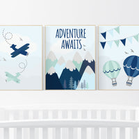 Adventure nursery decor, travel adventure nursery, nursery wall art boy, nursery prints boy mountain, airplane, world map, adventure awaits