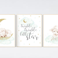 Mint and gold nursery decor, sheep nursery, gender neutral nursery, lamb nursery, mint gold nursery decor, Nursery decor animals, mint green
