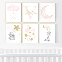 Nursery decor girl name, Blush pink and gold, nursery wall art girl, elephant, giraffe, blush pink gold, girl nursery wall decor, cloud moon