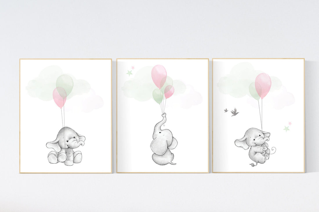 Nursery decor animals, neutral nursery, Pink, sage green nursery, elephant nursery, green, pink nursery, gender neutral, balloon nursery