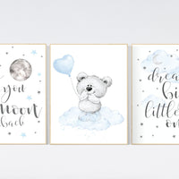 nursery wall art bear, boys nursery prints. nursery decor boy ideas, nursery art ideas, baby blue, grey, nursery wall art, sky, moon, stars