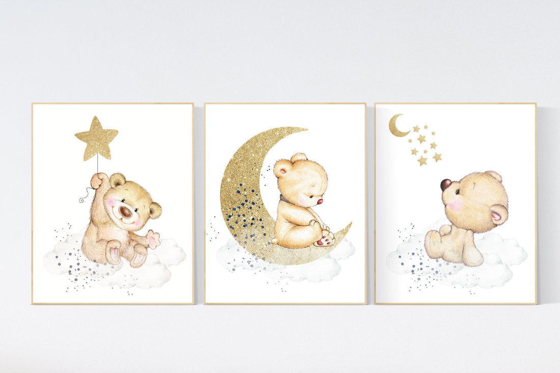 Nursery decor bear, nursery decor boy, bear nursery print, navy blue and gold, teddy bear decor, nursery wall art animals, boy nursery art