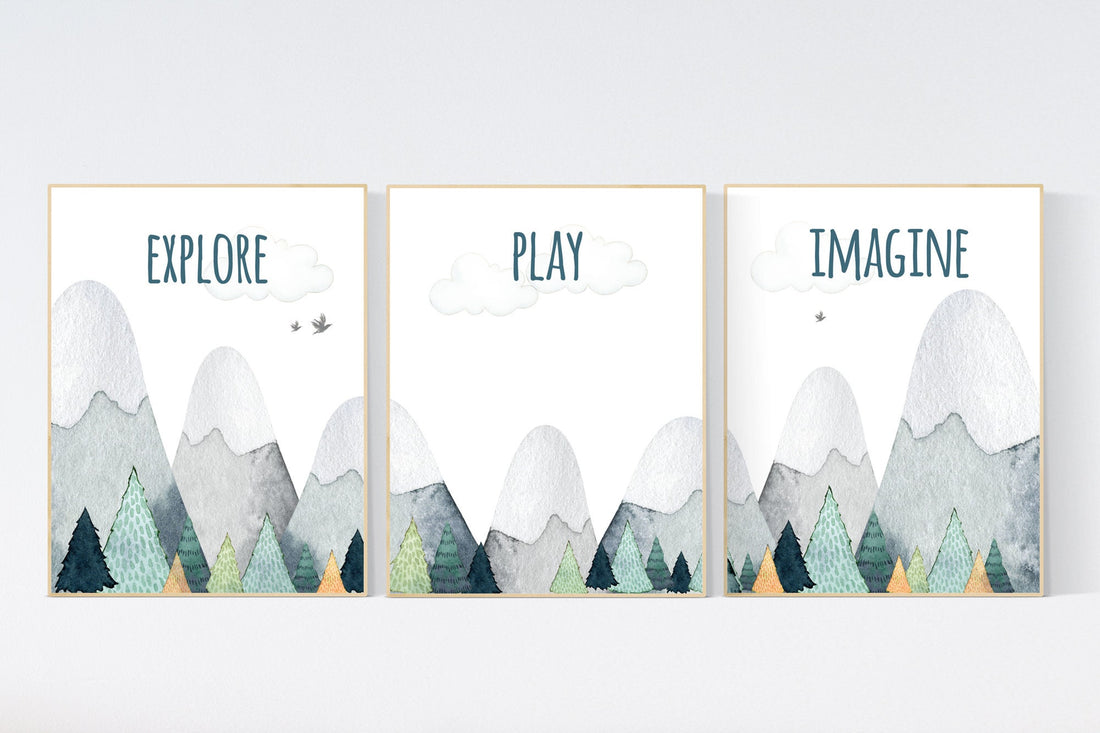 Nursery decor boy mountain, adventure nursery, adventure theme nursery, woodland, gender neutral, explore, play, imagine, mountains nursery
