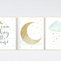 Nursery decor gender neutral, mint gold baby nursery, nursery decor boy and girl, cloud and star nursery, moon nursery wall decor