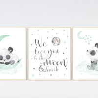 Panda nursery, mint nursery decor, gender neutral prints, mint nursery wall art, panda prints, animal nursery wall art, neutral nursery