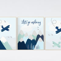 Adventure nursery decor, travel adventure nursery, nursery wall art boy, nursery prints boy mountain, airplane, world map, explore nursery
