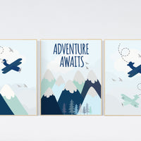 Adventure nursery decor, travel adventure nursery, nursery wall art boy, nursery prints boy mountain, airplane, world map, explore nursery