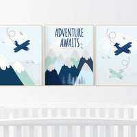 Adventure nursery decor, travel adventure nursery, nursery wall art boy, nursery prints boy mountain, airplane, world map, explore nursery