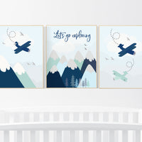 Adventure nursery decor, travel adventure nursery, nursery wall art boy, nursery prints boy mountain, airplane, world map, explore nursery